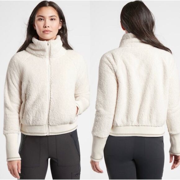 Athleta Tops - Athleta Tugga Ivory White Sherpa Fleece Full Zip Cropped Jacket XXS